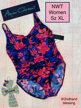 NWT Aqua Green Floral One-Piece Swimsuit Sz XL, Blue & Pink, Ruched Sides